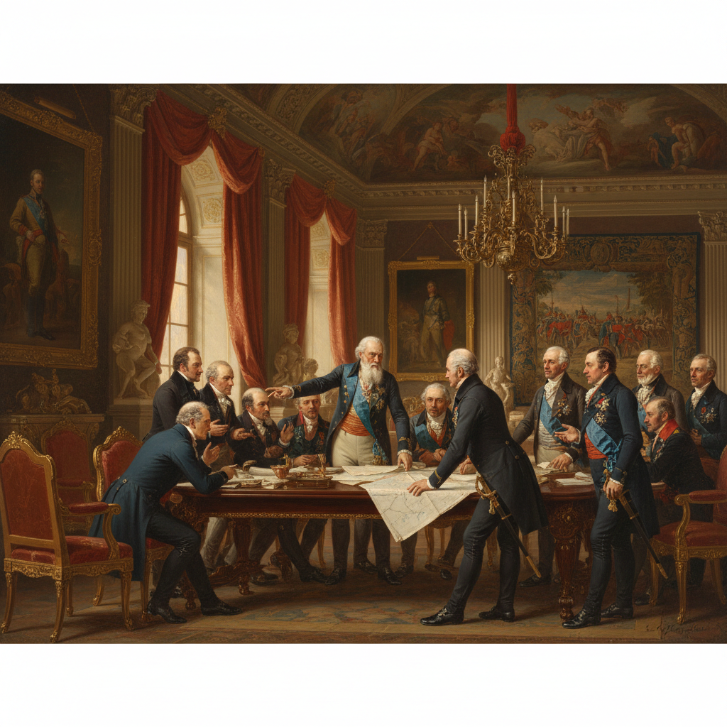 Classic painting of diplomats negotiating around a table in a palace, 19th century style