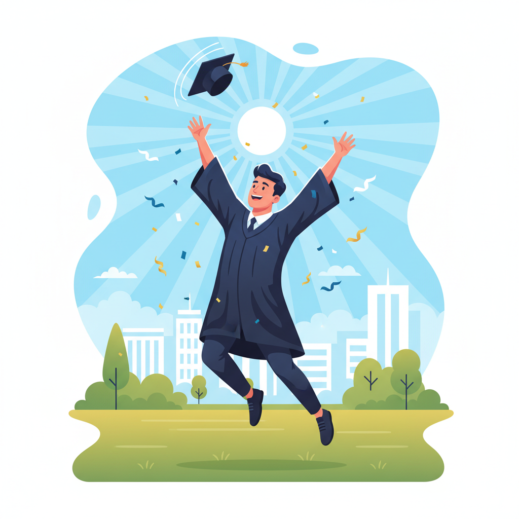 Illustration of a student throwing a graduation cap in the air, looking fit and happy, sunny background, vector style