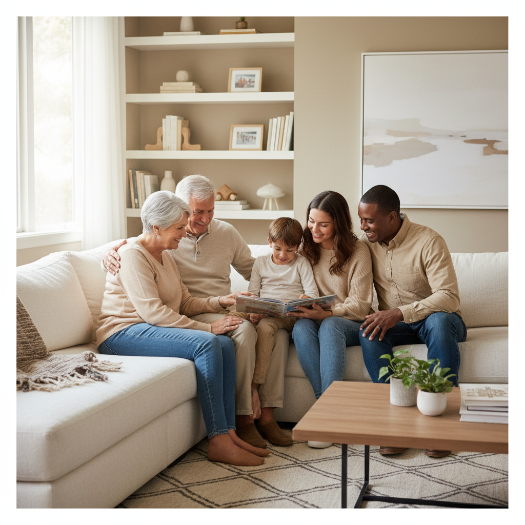 A warm, high-quality photograph of a diverse multigenerational family sitting together on a comfortable sofa in a bright living room, natural lighting, photorealistic, 4k