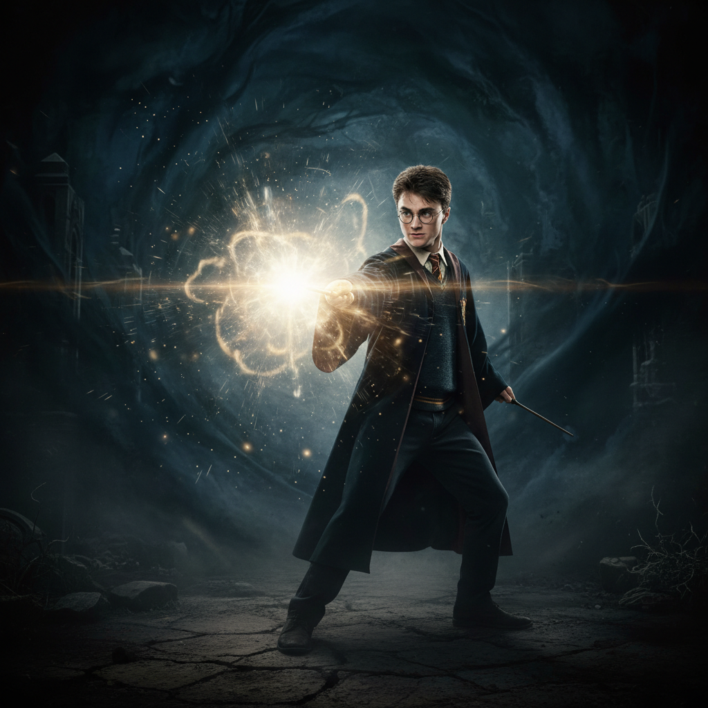 Harry Potter casting a bright light spell from wand against darkness