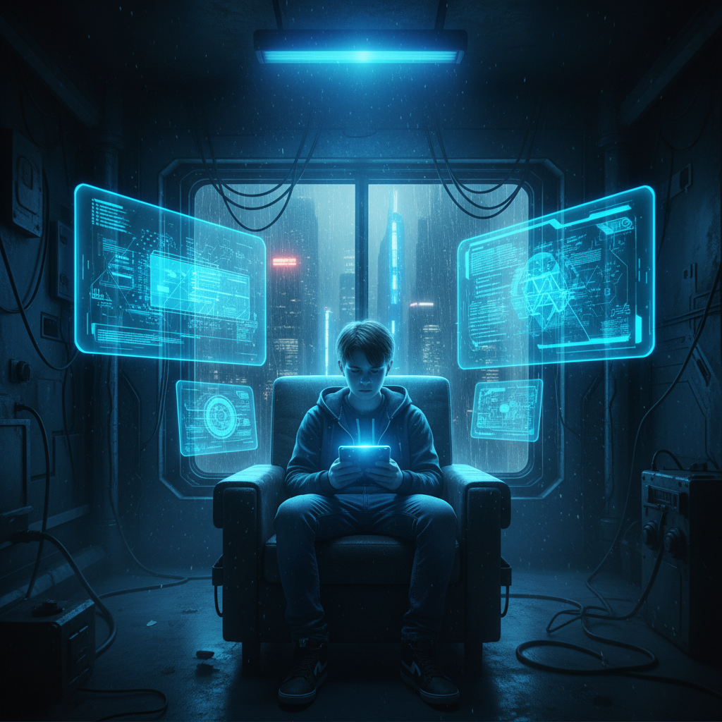 Teenager sitting alone in a dark room illuminated by neon blue digital screens, cinematic lighting, cyberpunk vibes
