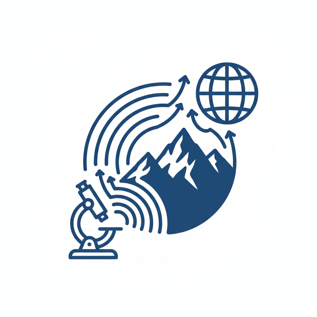 Icon illustrating scaling up from microscope to globe/mountain, minimalist vector style single color blue