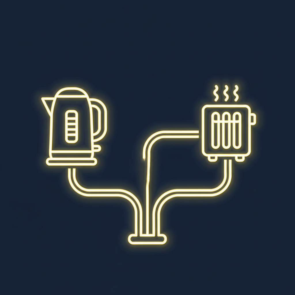vector illustration of electrical wires glowing like neon, connected to a kettle and heater, dark blue background, bright yellow energy lines, flat style