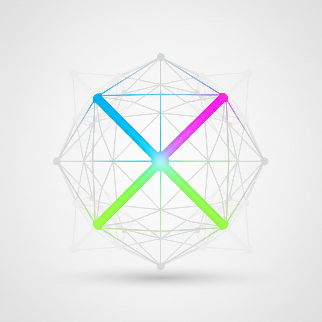 minimalist graphic showing a complex wireframe structure where only the main support beam is highlighted in bright color, rest is faded