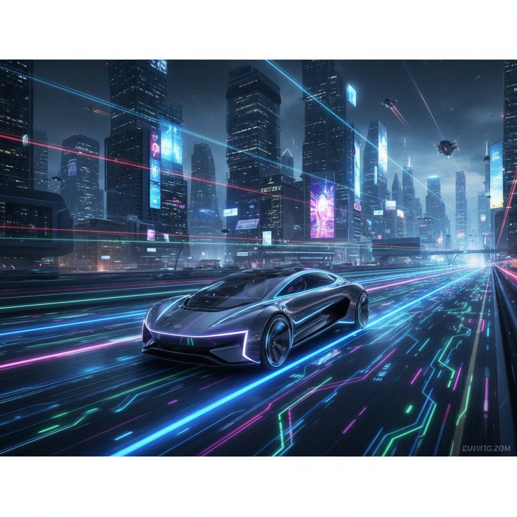 Futuristic electric vehicle concept car driving on a neon-lit smart highway at night, cyber city background, sleek design, cinematic lighting