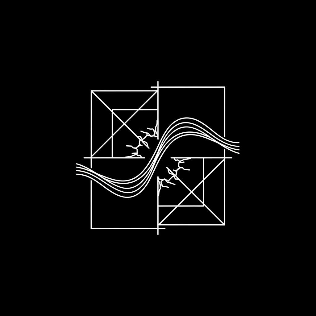 minimalist abstract white line art representing liberation or honesty, organic curves breaking through geometric structure, white on black background