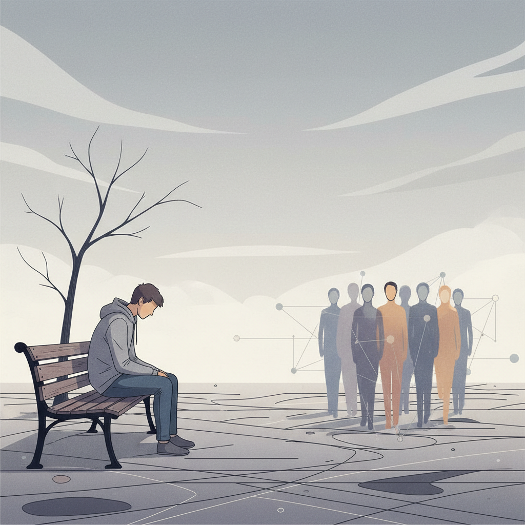 illustration of a lonely student sitting on a bench apart from a group, muted colors, conceptual art about isolation