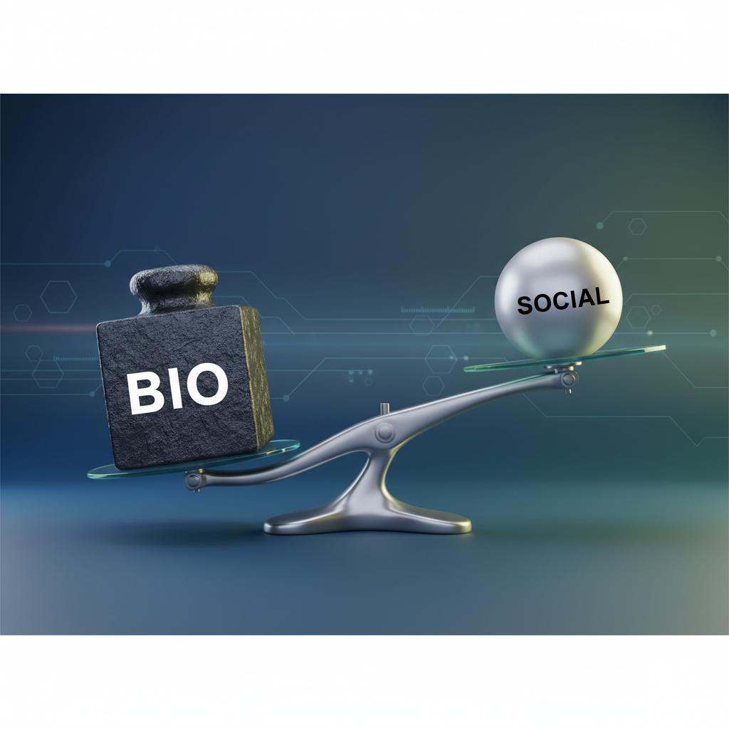 Conceptual image of a heavy weight labeled 'Bio' tipping a scale against a lighter weight labeled 'Social'
