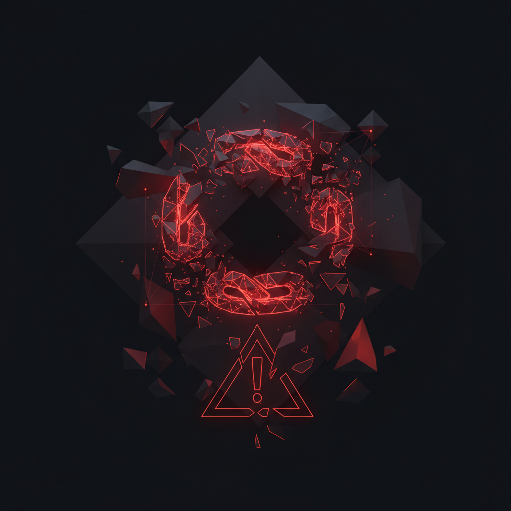 abstract 3d geometric illustration of a broken digital link or warning symbol, dark background, red and orange accent lighting