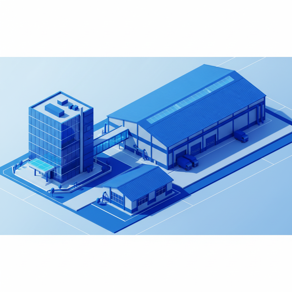 isometric architectural diagram of a combined office and large industrial warehouse workshop facility modern blue
