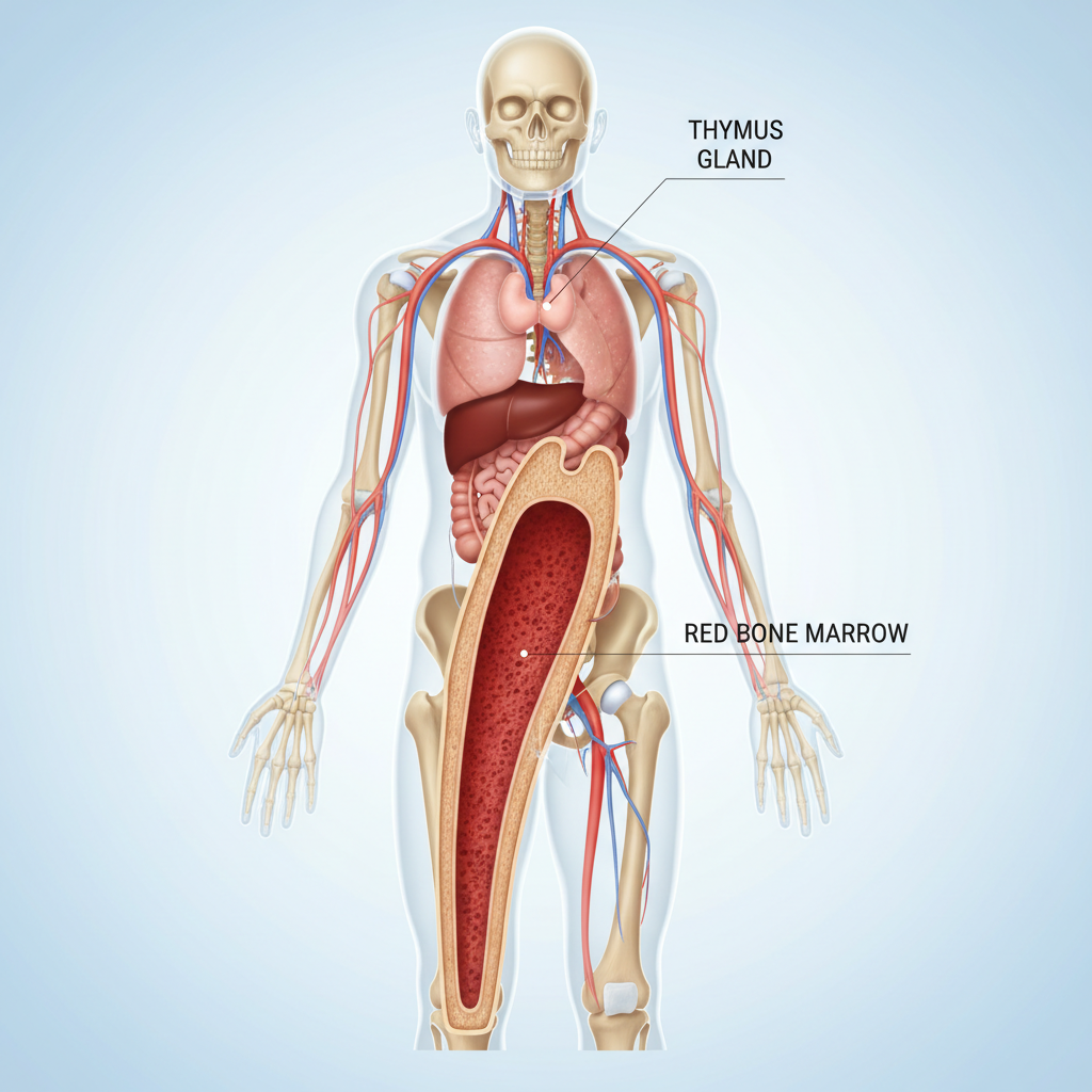 Anatomical illustration showing the location of the thymus gland in the chest and red bone marrow in the femur