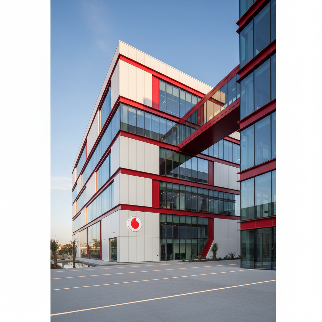 Modern minimalistic architecture with red accents, corporate headquarters style, Vodafone aesthetic