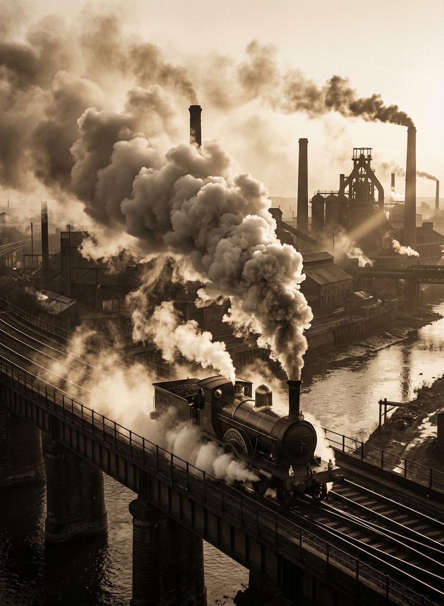 Early steam train 19th century industrial revolution dramatic smoke cinematic lighting