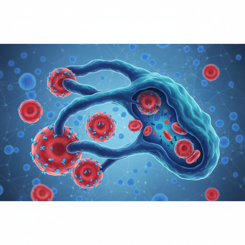 Scientific illustration of macrophage clearing antibody-coated red blood cells, close up cellular level, medical aesthetic, blue and red color palette