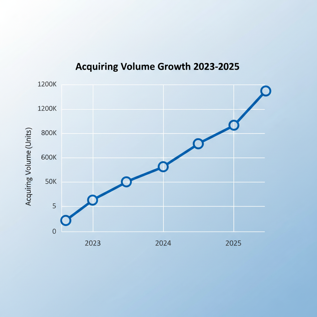 Line chart trending upwards showing acquiring volume growth 2023 2024 2025