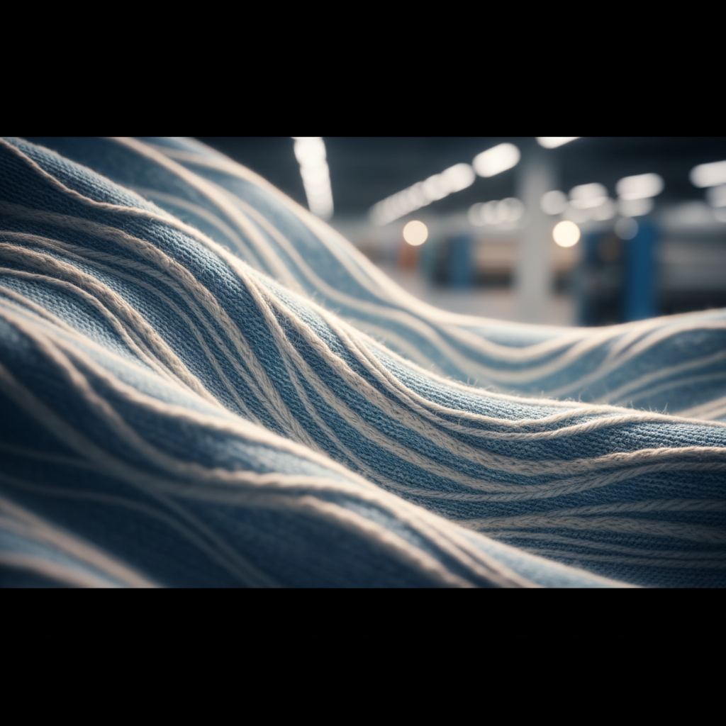 Abstract cinematic macro shot of high-quality knitted fabric texture, flowing elegant blue and white threads, soft lighting, 8k resolution, corporate textile background