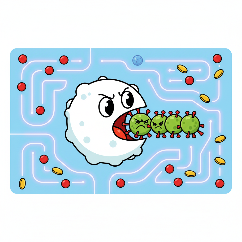 cartoon white blood cell eating a green virus, similar to pacman style, simple educational illustration