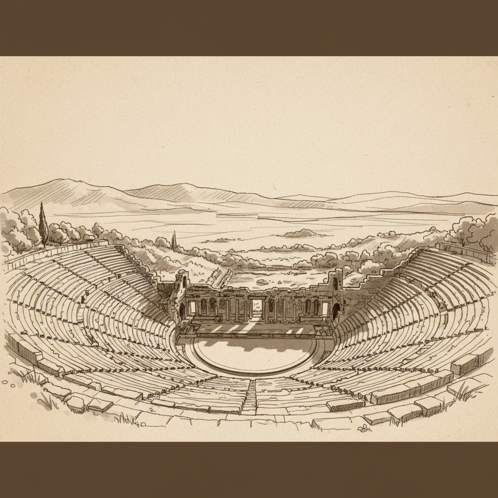 ruins of ancient greek amphitheater, epidaurus, sketch style, sepia