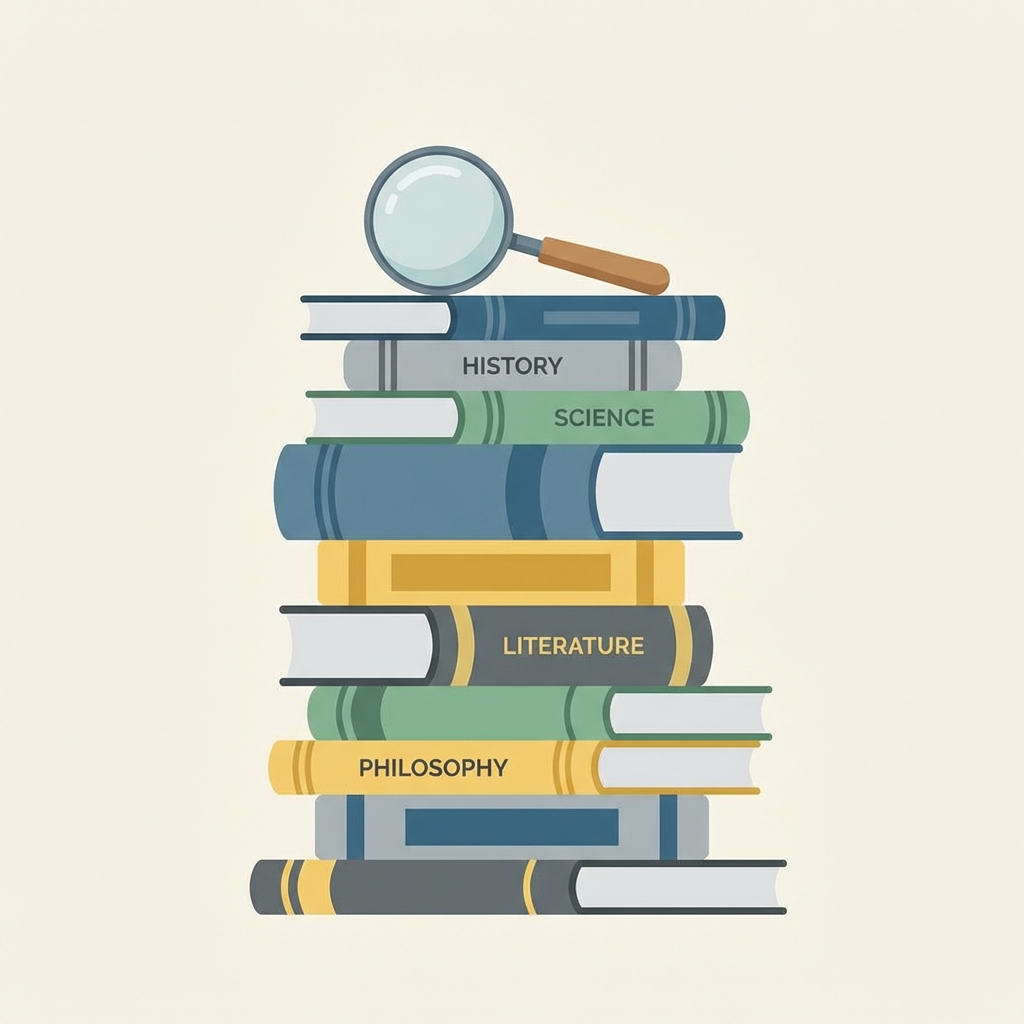 stack of academic books and a magnifying glass, minimalist flat vector style