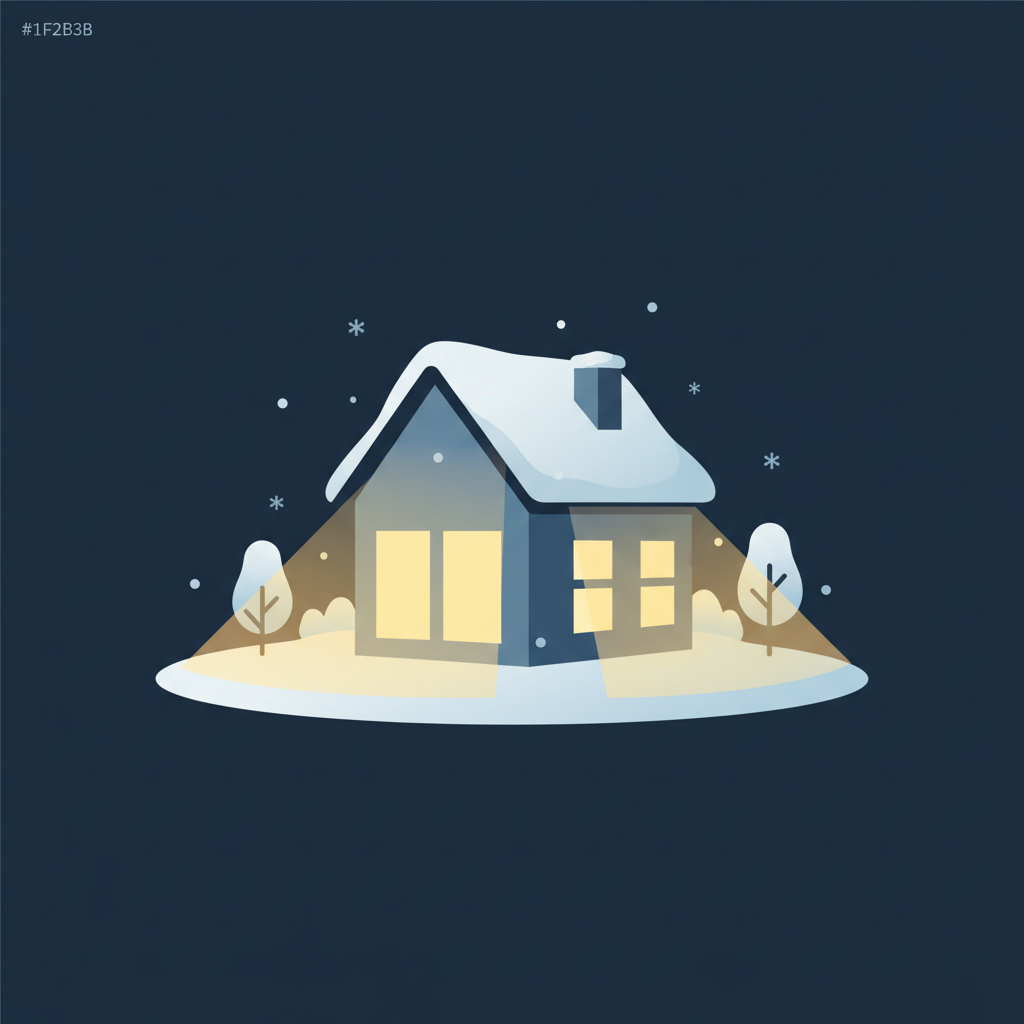 minimalist vector illustration of a cozy glowing house in winter night, dark blue background #1F2B3B, flat style, bright warm yellow light from windows, soft gradients, educational style