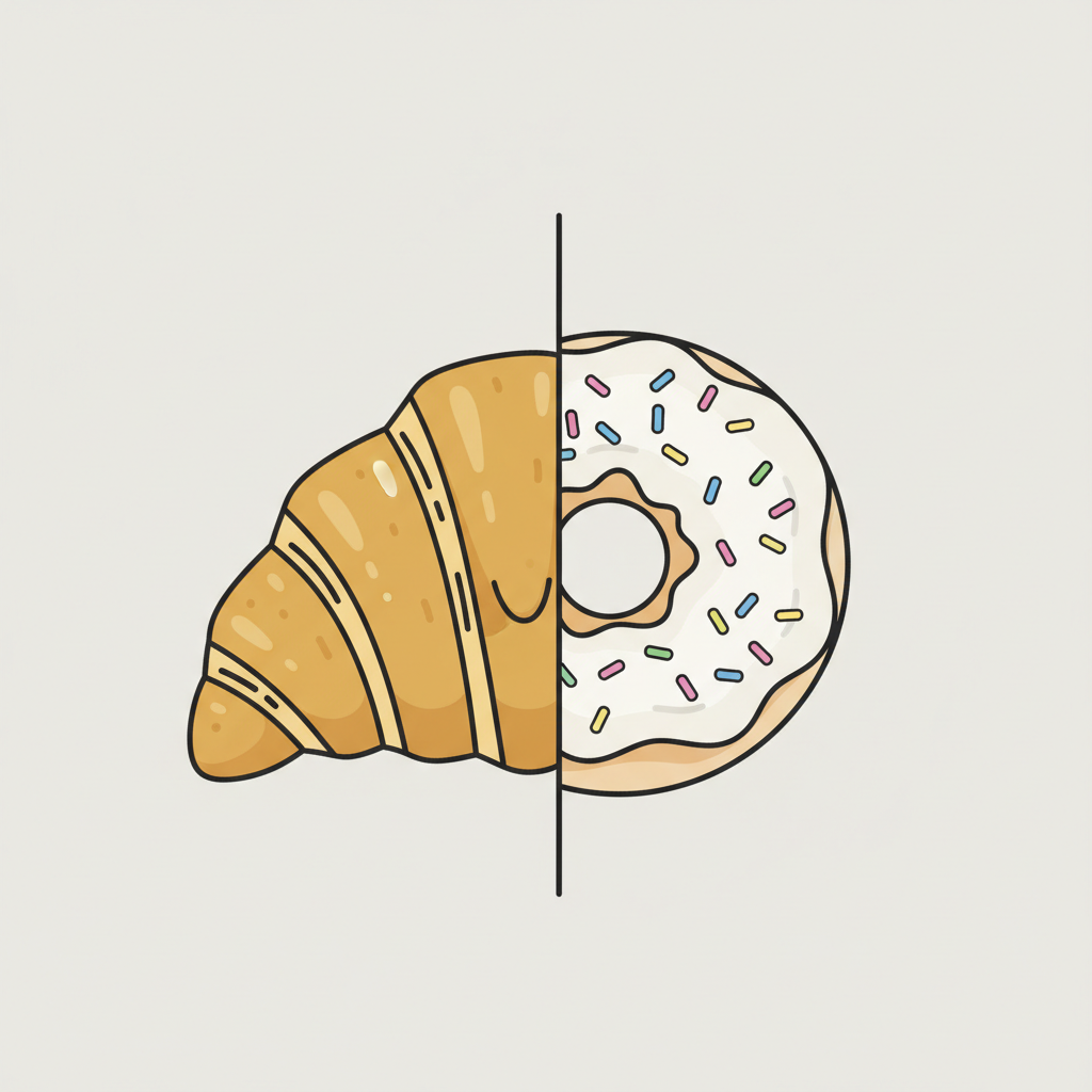A split image illustration showing a croissant on the left merging into a donut on the right, simple educational diagram style, light background