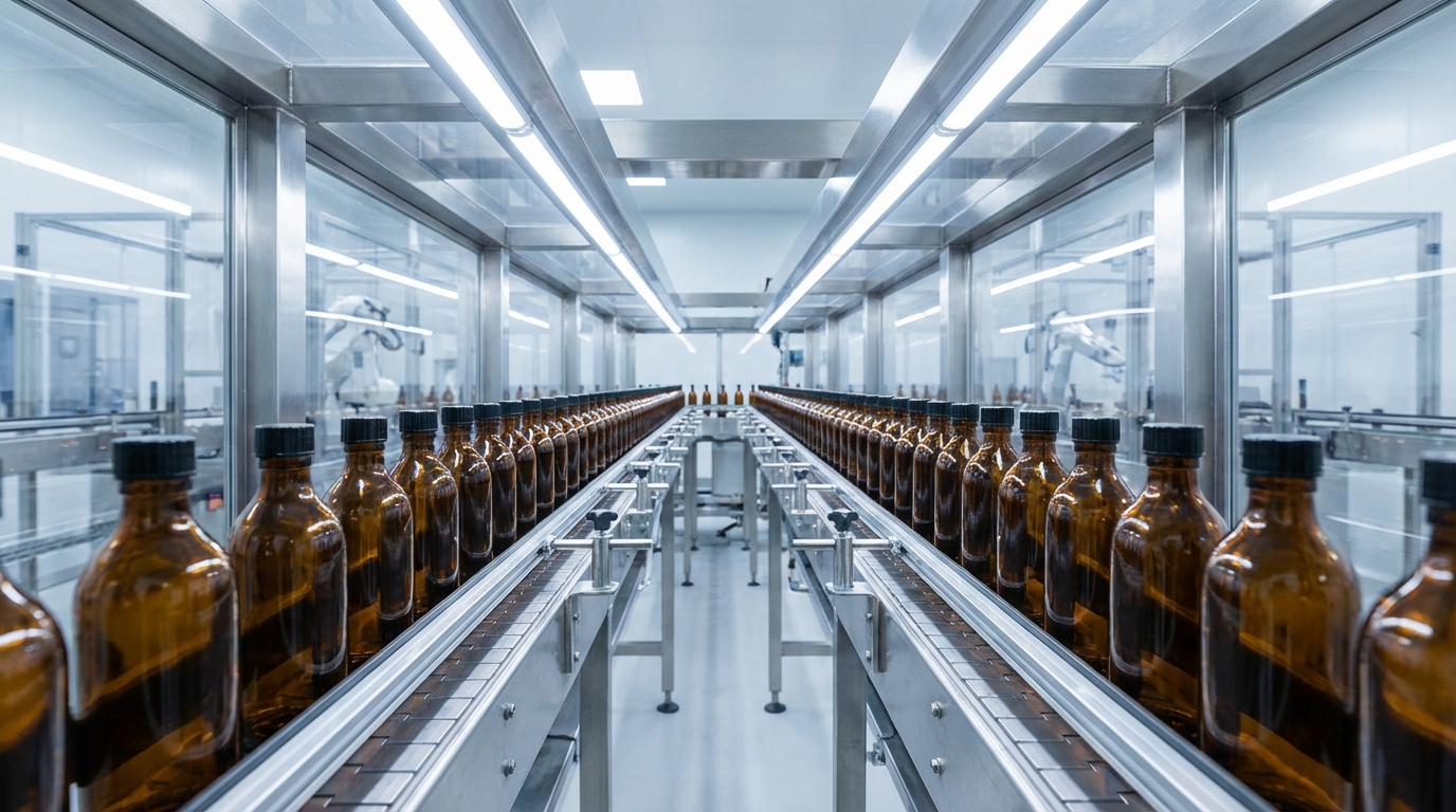 Infinite rows of identical, high-end amber glass bottles on a conveyor belt in a clean, futuristic manufacturing facility. Symmetrical, organized, industrial elegance.