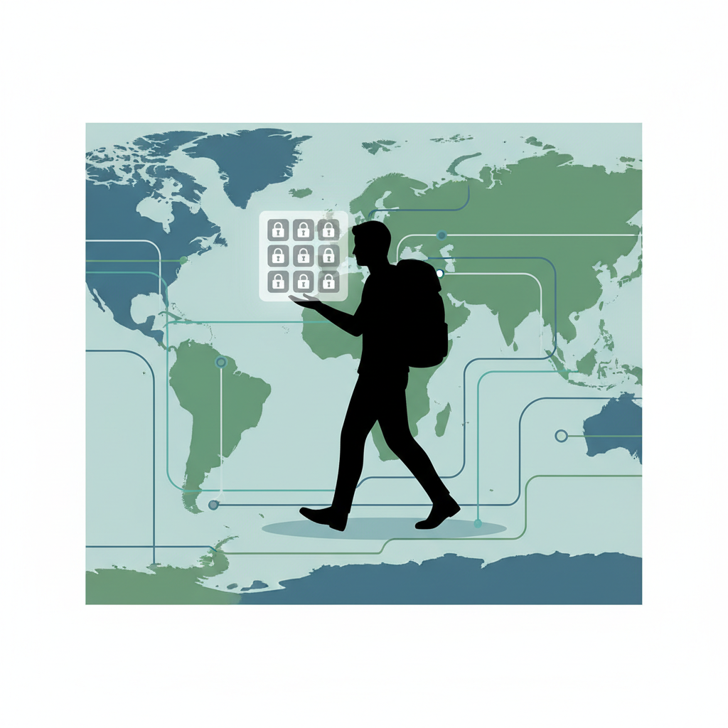 A traveler silhouette walking across an abstract map border, looking at a smartphone screen that shows multiple locked app icons. Conceptual illustration, clean vector style.