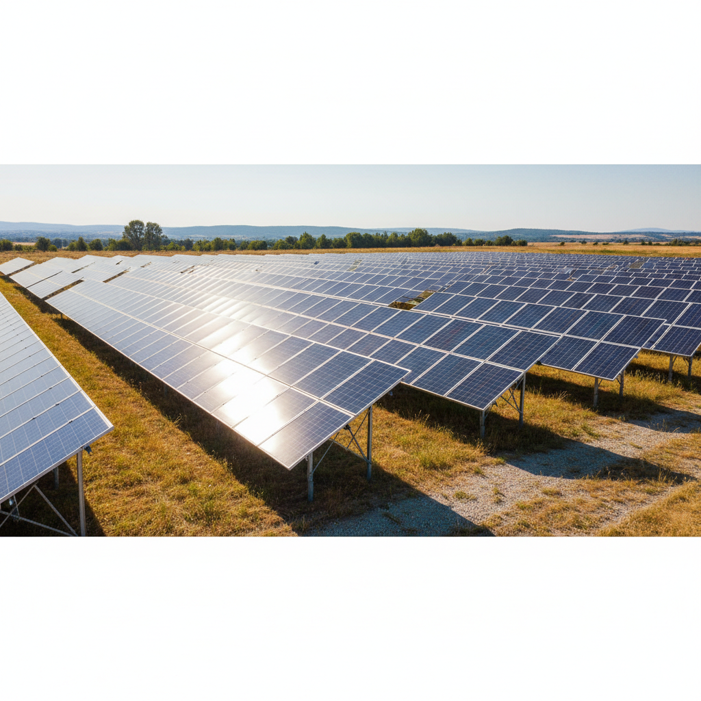 Field of solar panels, sunny day, realistic photography style