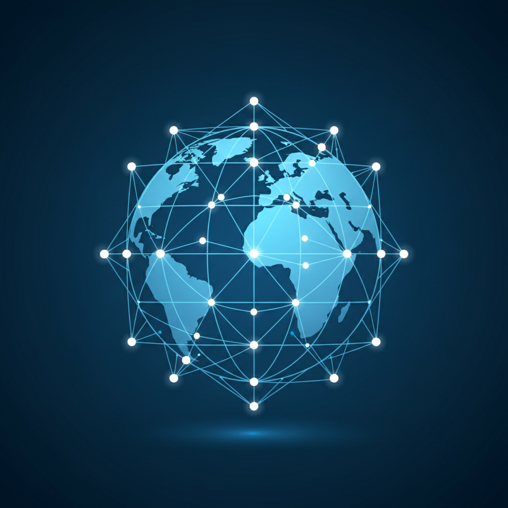 Globe connected with network nodes icon minimal vector