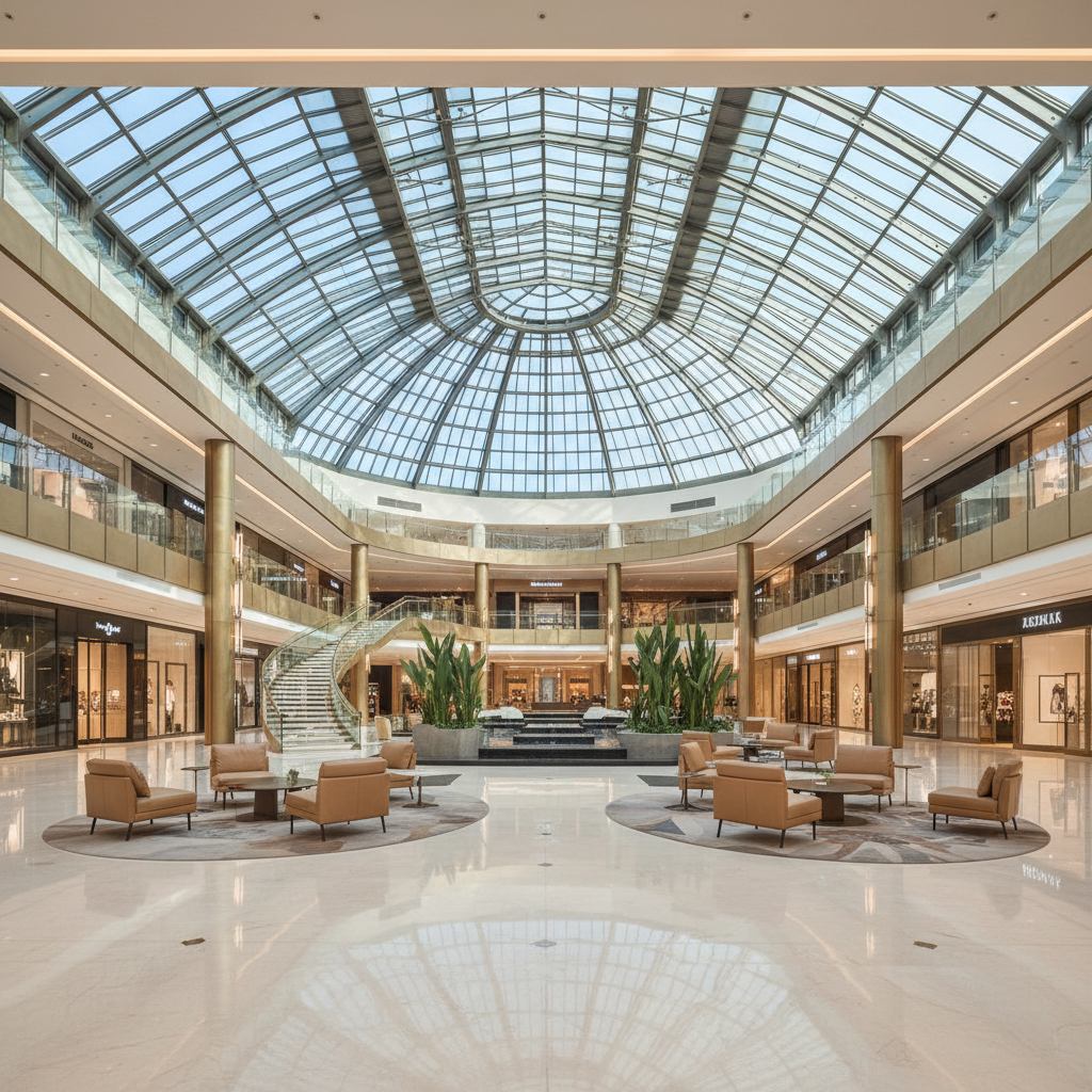 Interior of a modern luxury shopping mall or hotel lobby with polished cream marble floors, high ceilings, architectural photography