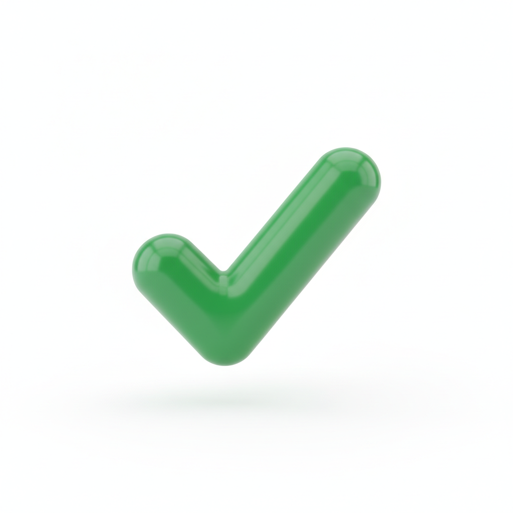green check mark, 3d render, clean white background