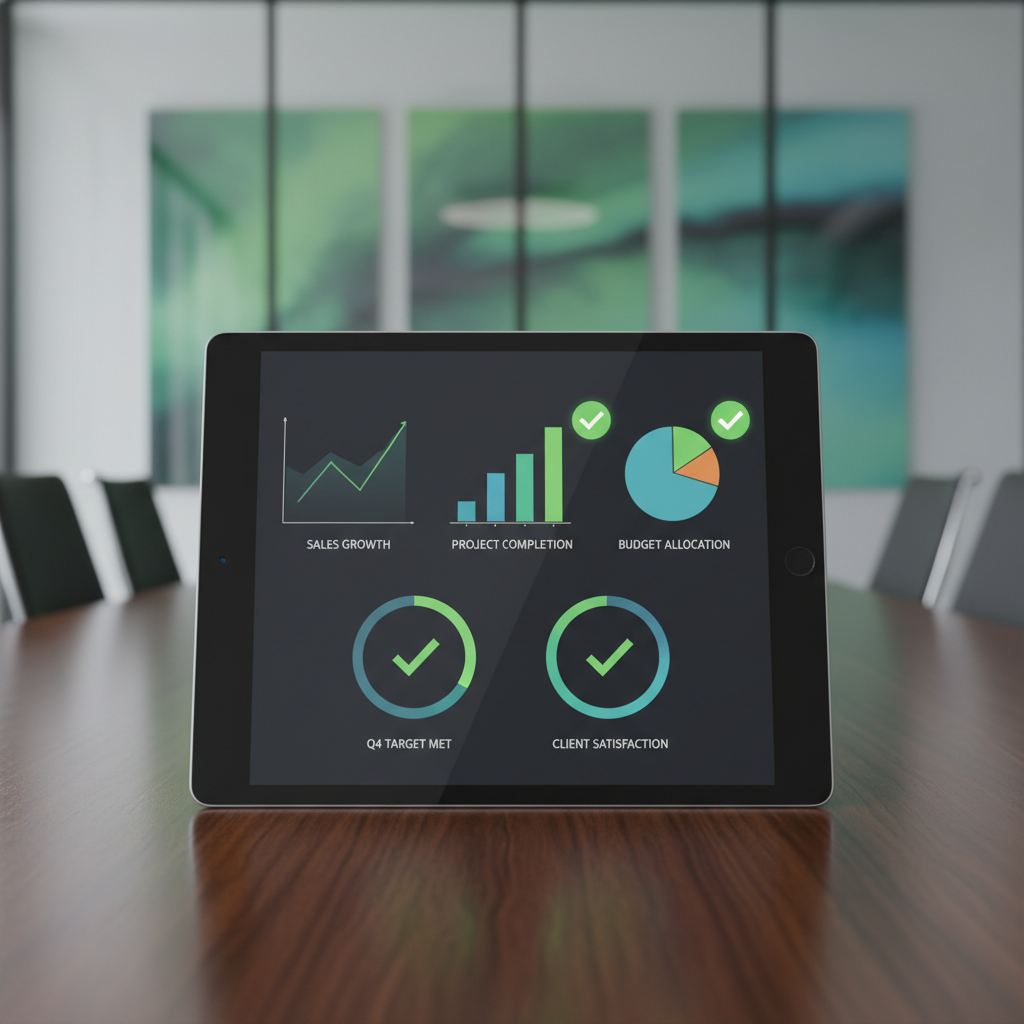 modern digital dashboard on a tablet showing simplified data charts and green checkmarks, professional business setting