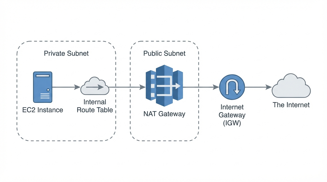 Diagram of AWS NAT Gateway logic, simple schematic, private to public connection