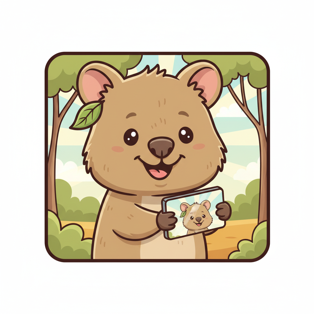 Cartoon close up of a Quokka smiling for a selfie, super cute, vector style
