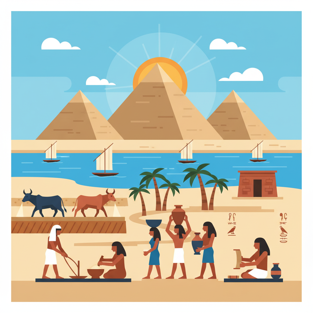 stylized vector landscape of pyramids with ancient Egyptian daily life elements in foreground, flat style, cultural heritage theme