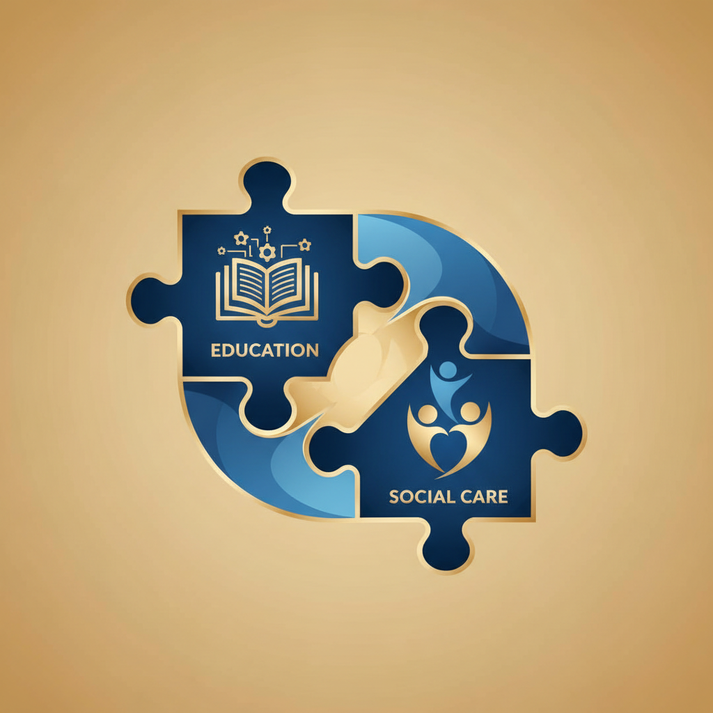 abstract concept art of puzzle pieces connecting education and social care, blue and gold color palette, minimalist vector style