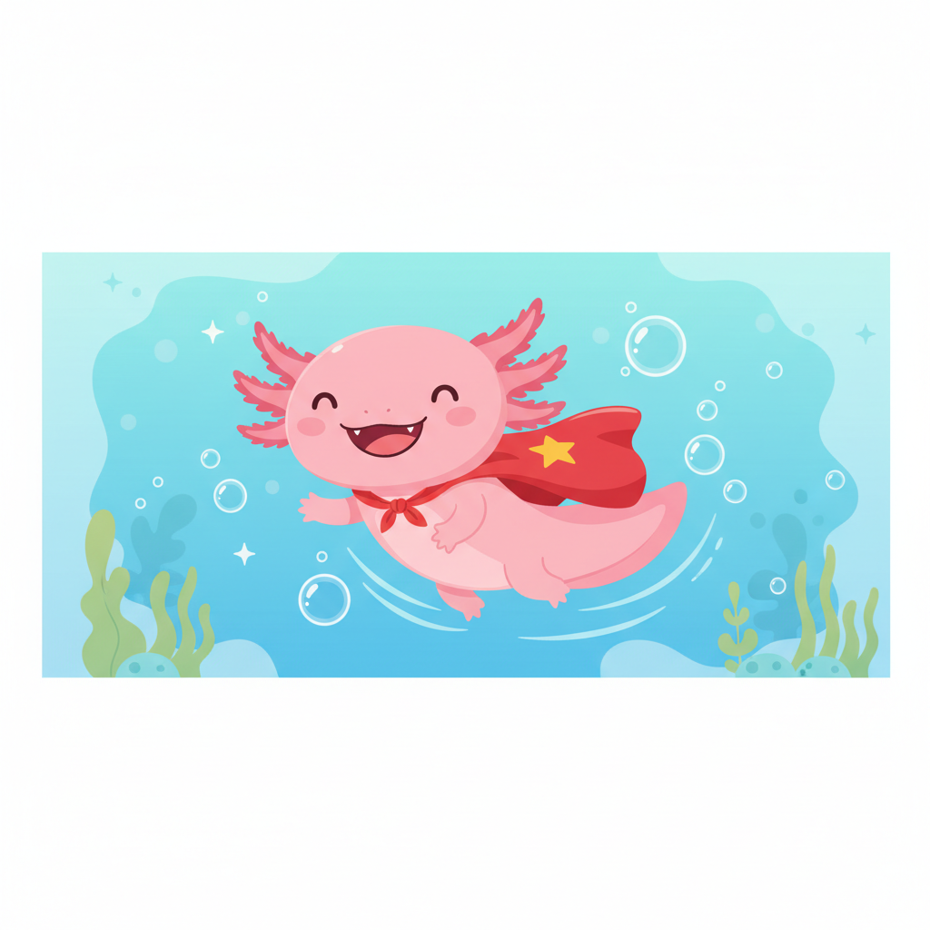 Cute pink Axolotl smiling wearing a tiny superhero cape under water, vector art