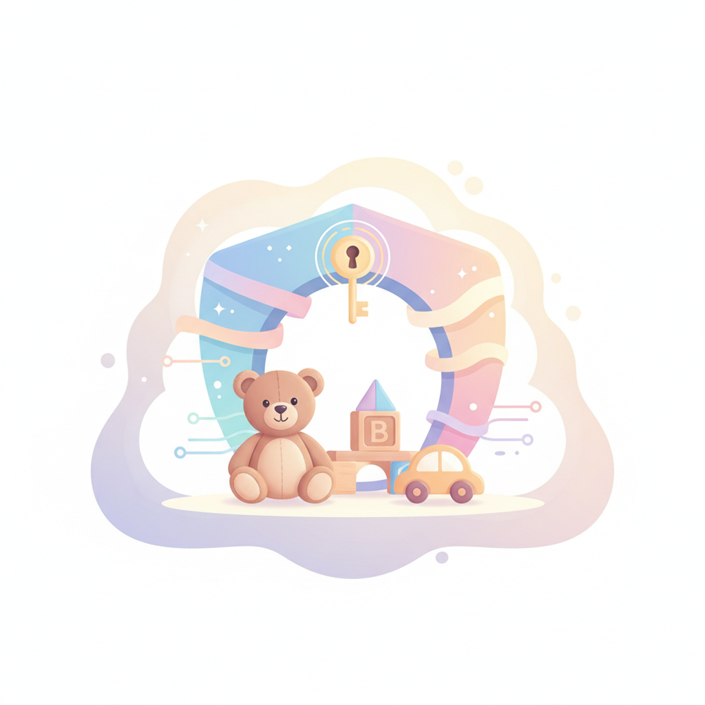 soft illustration of a lock or shield protecting a child's toy, pastel colors, privacy concept, warm style