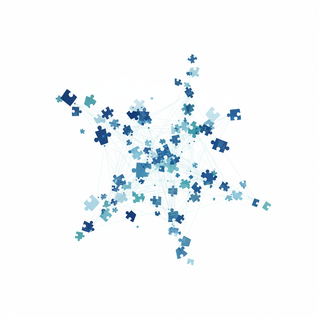 Abstract complex network of scattered puzzle pieces in Air France KLM colors (Navy Blue, White, Red, Light Blue), representing fragmented data, clean minimalist style, 4k