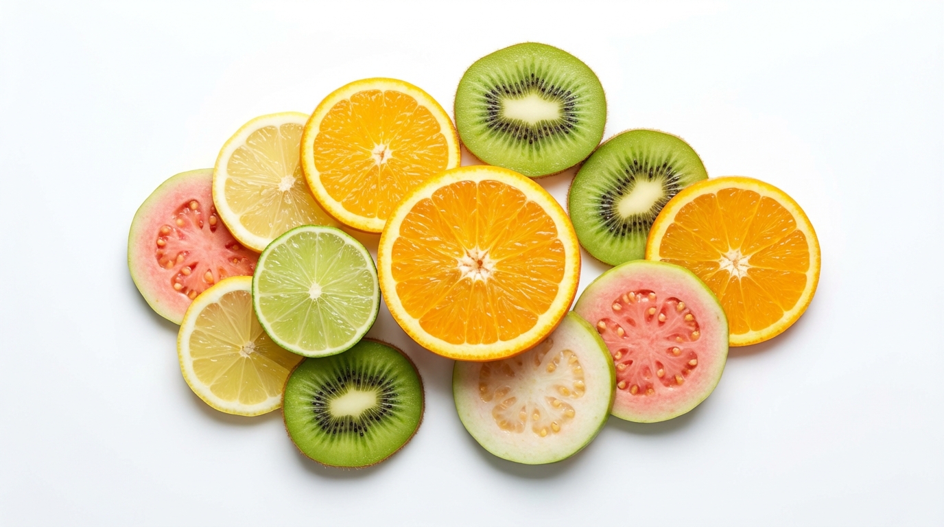 high quality artistic photography of fresh citrus slices, kiwi, and guava arranged in a minimalist composition on a white background, bright studio lighting, photorealistic