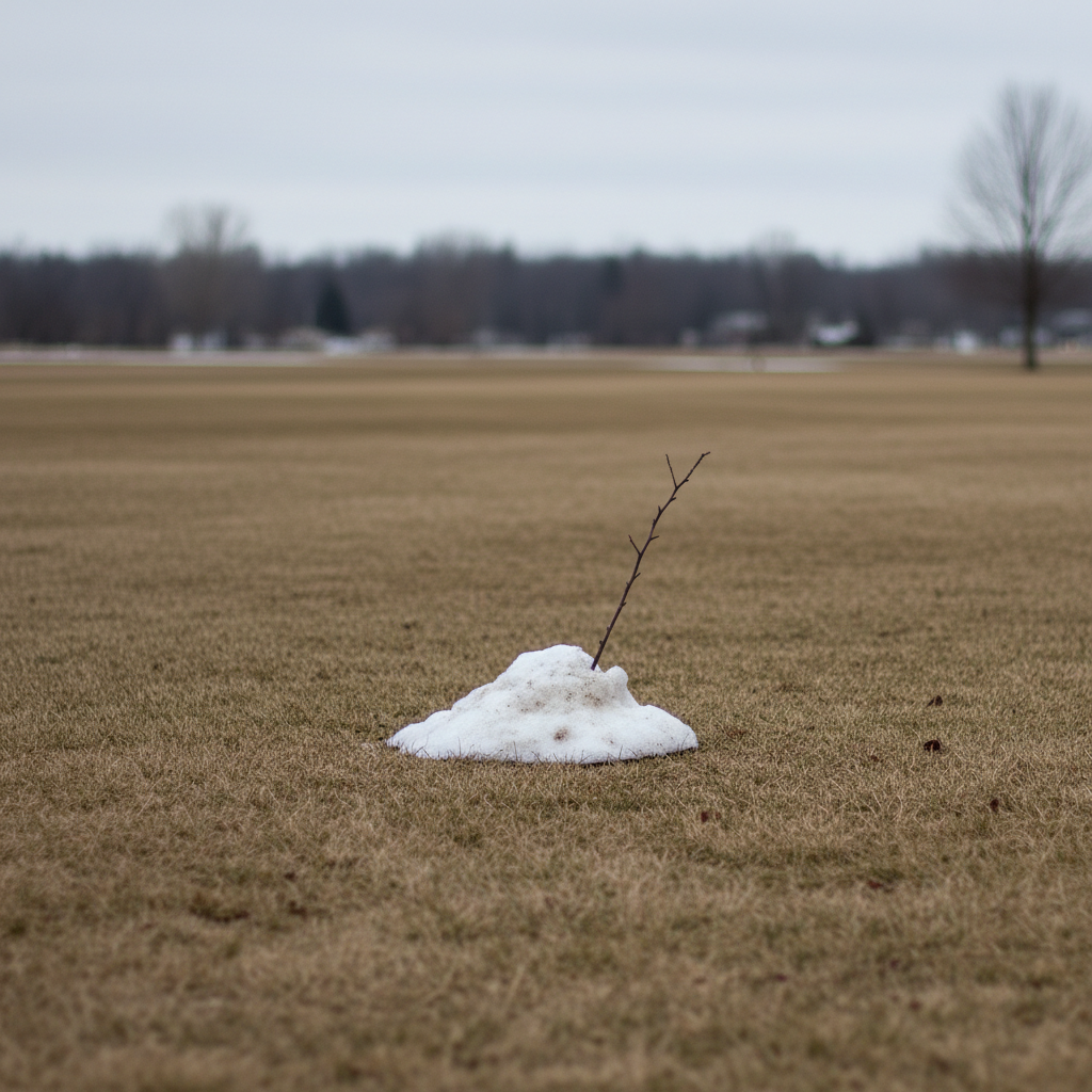 A pathetic tiny lump of snow with one sad twig sticking out of it on an empty lawn, comedic photography style