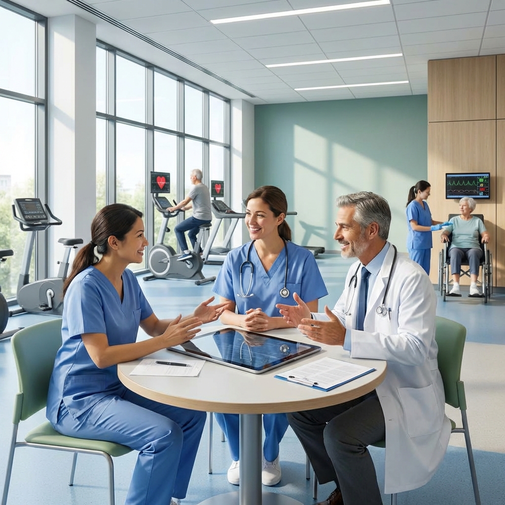 A modern cardiac rehabilitation center with medical professionals discussing a patient file, bright and clean clinical atmosphere, photorealistic