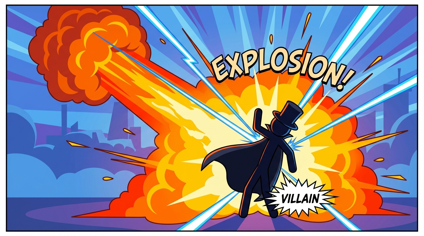 The laser beams hit the Villain stickman. A massive comic-style explosion covers the villain. Bright orange and yellow fire, smoke clouds.