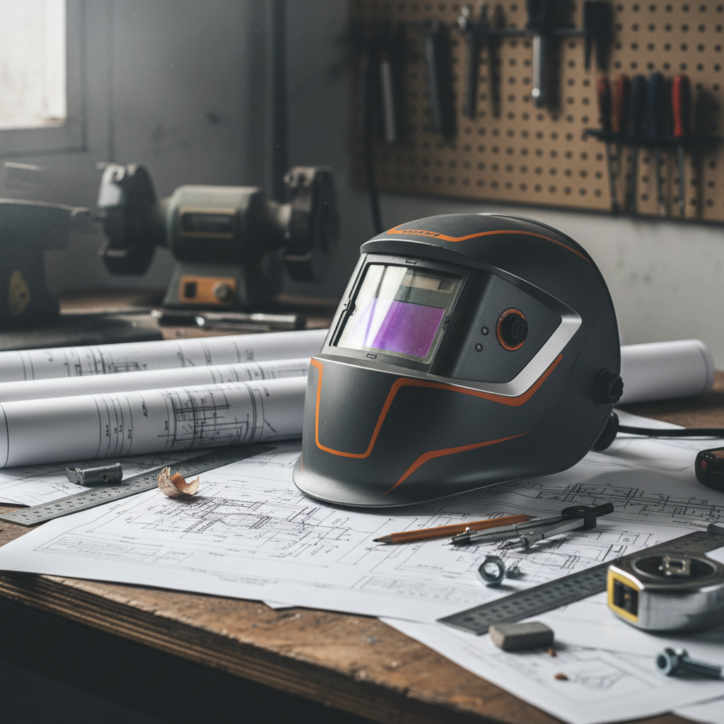 welding mask and technical drawings on a desk, realistic style