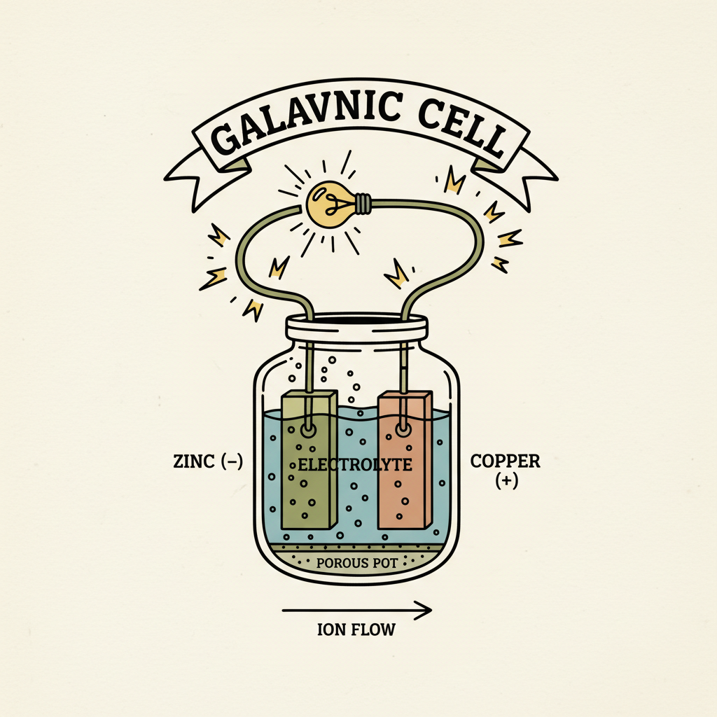 Simple educational diagram for kids showing a galvanic battery cell, 19th century style, labeled 'Galvanic Cell', comic style illustration