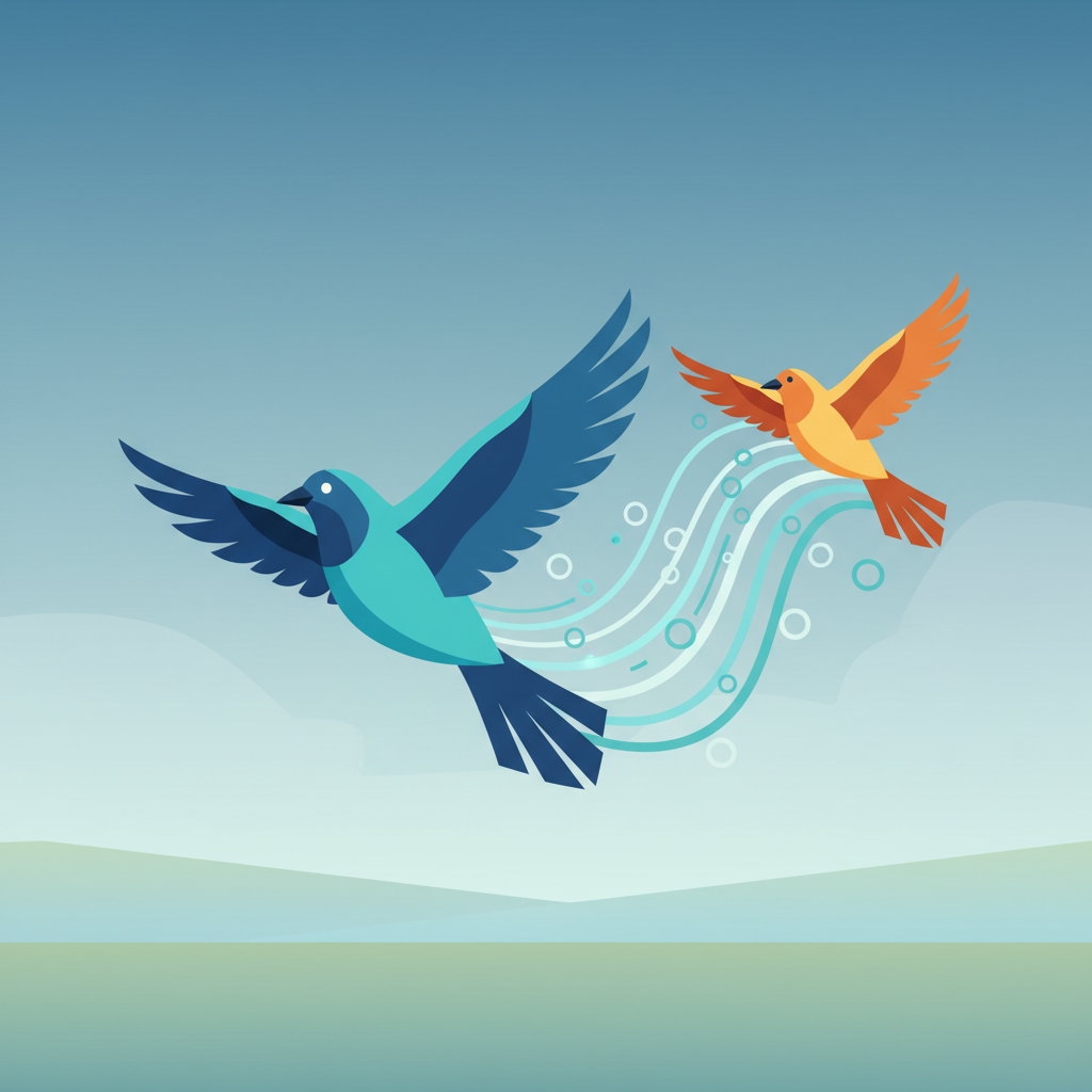 vector illustration showing air currents behind a leading bird helping the follower, visual metaphor, flat style