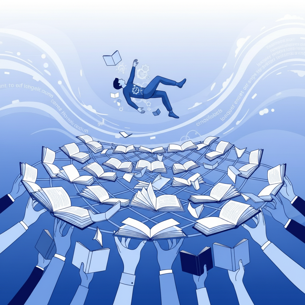illustration of a safety net made of books and hands catching a falling figure, metaphorical style, blue and white colors