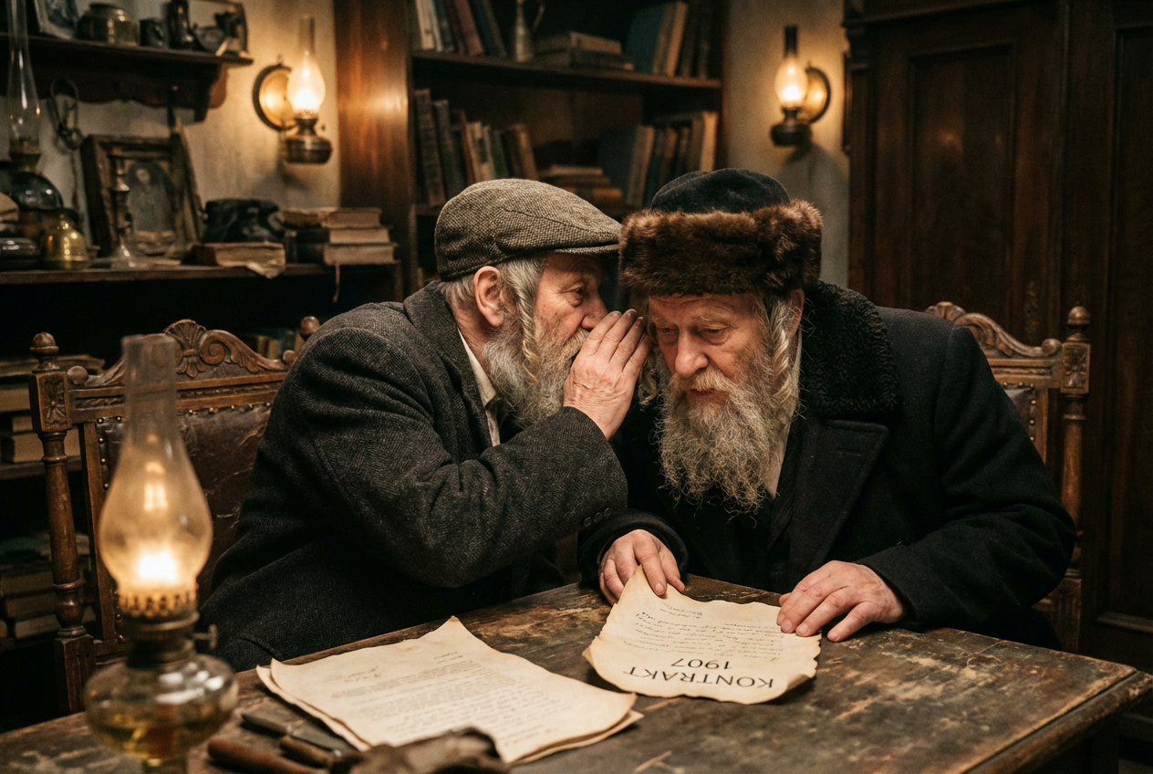 Two older men whispering in a dimly lit room, negotiating a contract, vintage aesthetics, moody lighting, eastern european jewish setting 1900s
