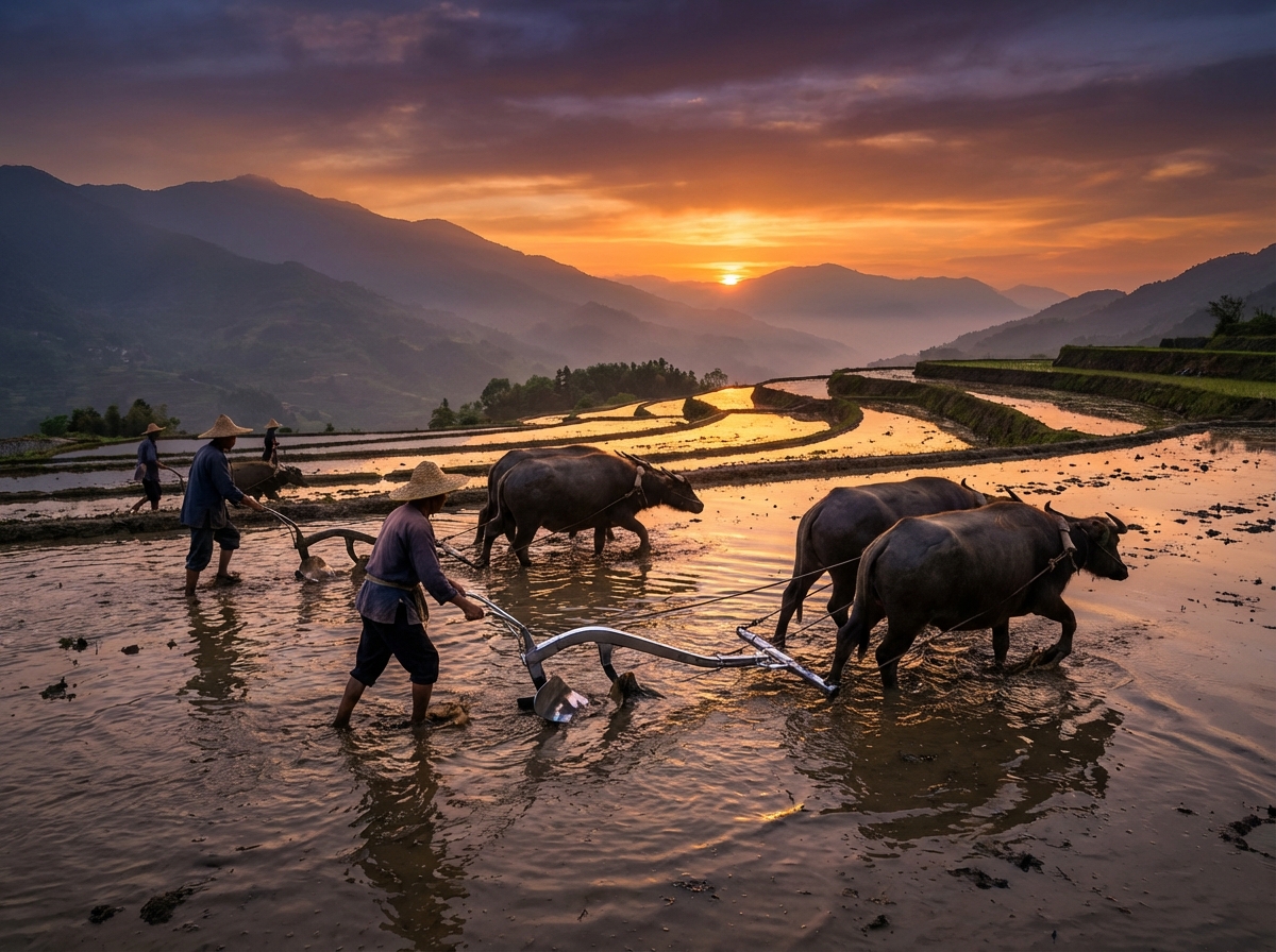 Ancient Chinese farmers using shiny steel plow in a rice paddy field, sunset, idyllic but industrious atmosphere, high detail