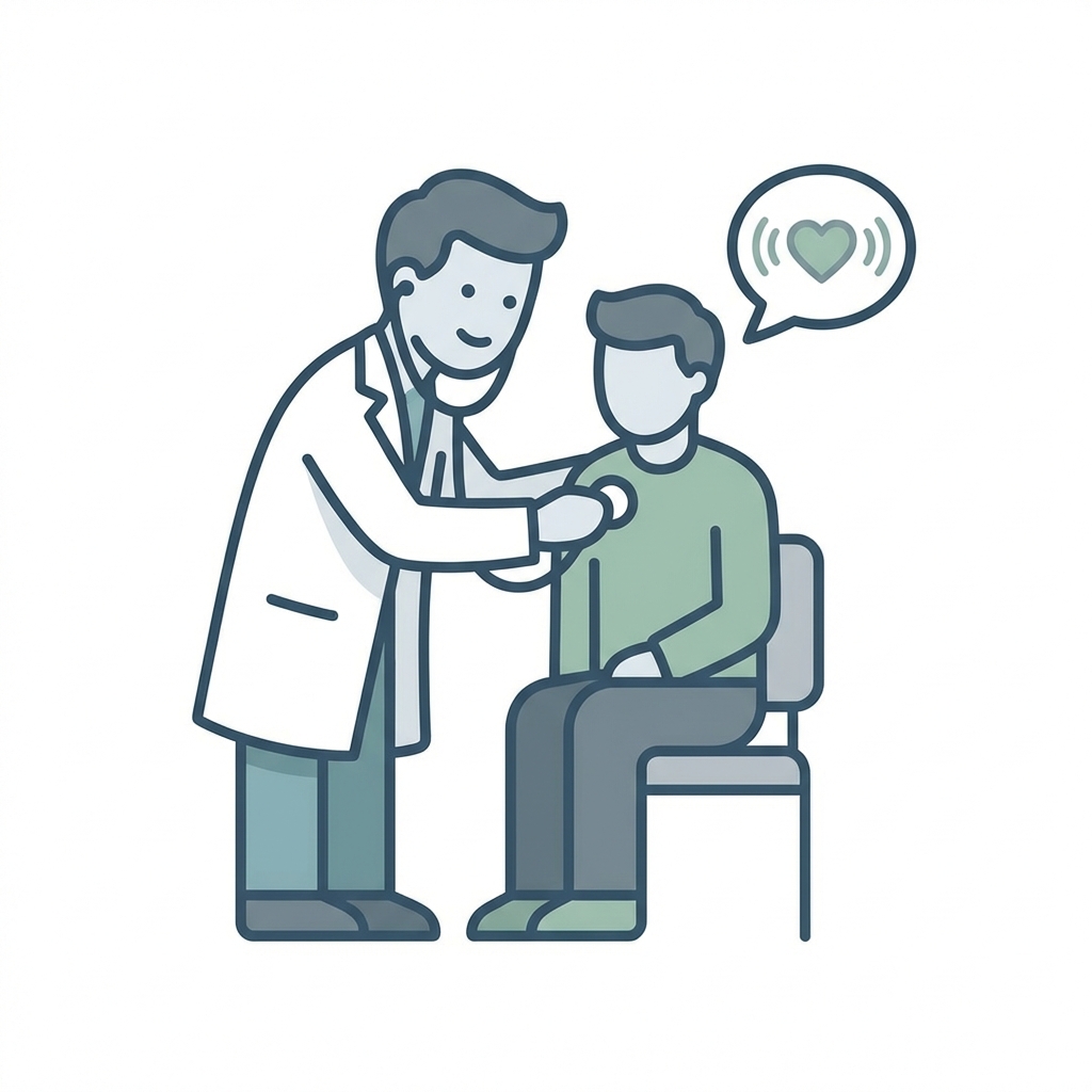 Consultation illustration, doctor listening to patient, empathy, medical icon style, minimalism